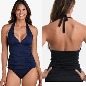 NWT La Blanca Black Island Goddess Solid Halter Tankini Top LB Sz 12 Beach